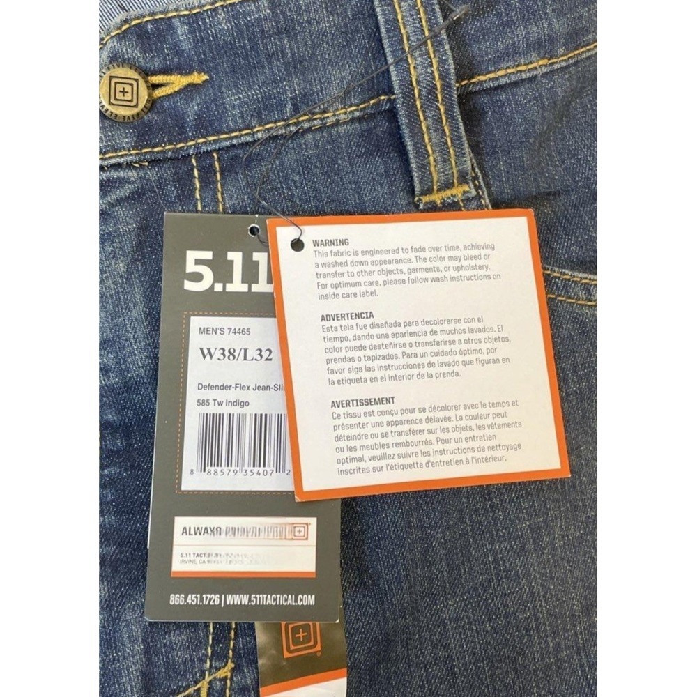 5.11 Tactical Defender Flex Jean Slim Fit Men's W38 L32 Blue Indigo Cotton - Picture 10 of 10